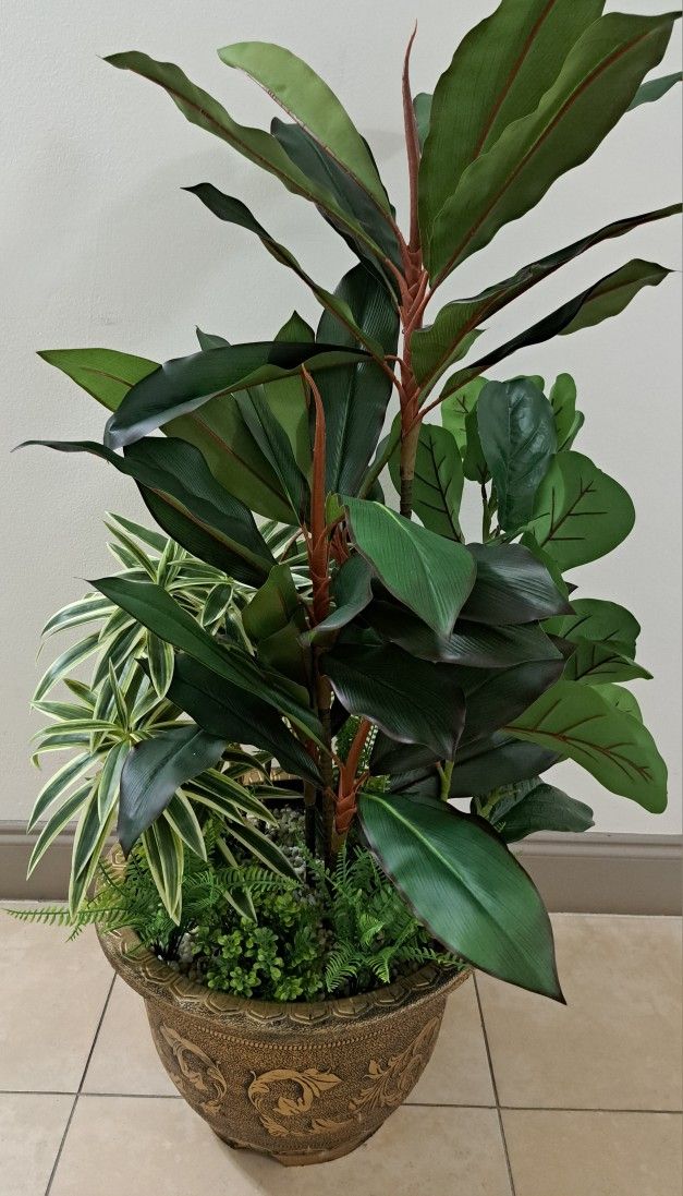 4ft Faux Red Dracaena Mix Topped with Jade Stone / Ferns / Fig Stems / Mini Dracaena @ Lasting Creations