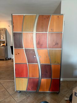 Postmodern Wavy Geometric Wood Patchwork Armoire / Cabinet