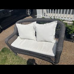 Costco Wicker Outdoor Loveseat  And Storage Ottoman- White Target Threshold Cushions