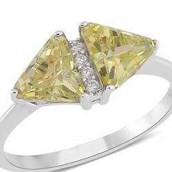 Simulated Peridot and White Diamond Ring in Rhodium Over Sterling Silver (Size 7.0) 0.80 ctw