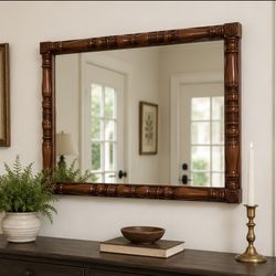 Vintage Colonial Revival Wood Wall Mirror – Turned Spindle Frame – 33½” x 27¼”  