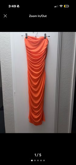 Orange Strapless Ruched Midi Bodycon Dress