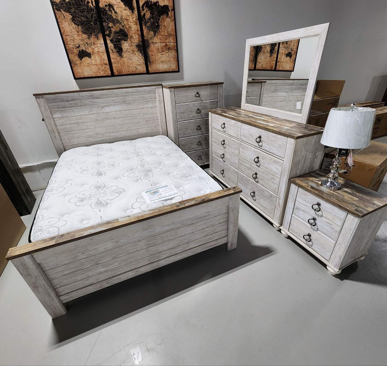 Queen Panel bed frame with bedroom set ~ whitewash willowton
