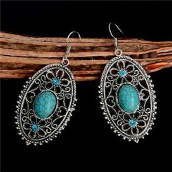 Ethnic Tribal Tibetan Silver Turquoise Crystal Filigree Oval Earrings
