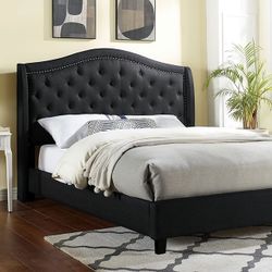 BLACK LINEN LIKE QUEEN SIZE PLATFORM LOW PROFILE BED FRAME