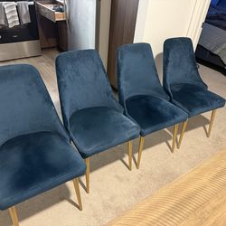 Set of 4 Ashley Furniture Velvet Dining Chairs – Teal/Blue with Gold Legs – Excellent Condition
