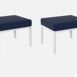 Allen & Roth Marsh Cove Set of 2 White Aluminum Ottoman W/ Blue Pads