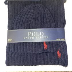 Polo Ralph Lauren Navy Blue Lamb's Wool Blend PONY Hat & Scarf Set SHIPS FAST