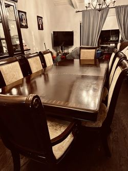 Dining Set — Table w/ Extension, 8 Chairs + China Cabinet — Moving Sale