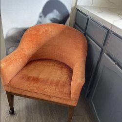 RARE VINTAGE designer Martin Brattrud Orange Crushed Velvet 1970 Russet Armchair Rolling Wheels mod style  24” width  Height 30”  Chair height 16”  On