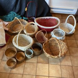 Collection Of 14 Baskets And Wooden Pots 