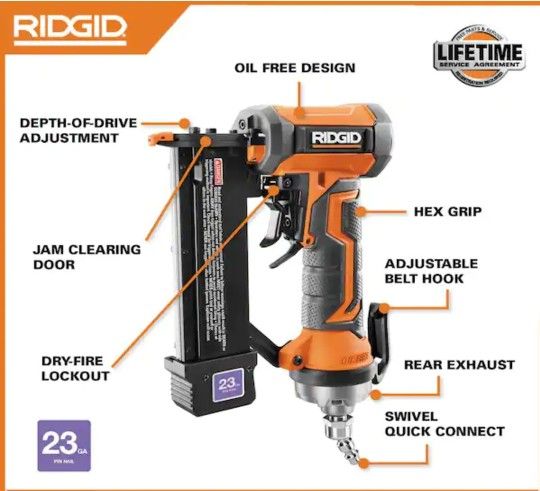 Ridgid 23ga Pin Nailer Air Nail Gun