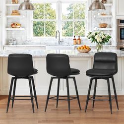 26 Inch Swivel Bar Stools Set of 3, Counter Height Barstools, Faux Leather, Black