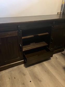 Dark Wood TV Stand with Barn Door Cabinets