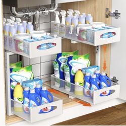 Housolution Under Sink Organizer, 2 Tier Metal Pull Out Under Sink Storage with Sliding Mesh Drawers, Height Adjustable Slide Out Under Sink Organizer