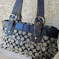 Coach Soho Pleated Tote F13742 Handbag Canvas Leather Logo Signature Black Beige