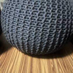 Blue Knitted Round Pouffe Ottoman