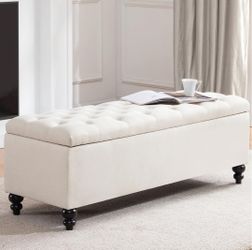 Upholstered Ottoman with Button-Tufted Storage Bench, Large Bedroom Bench with Safety Hinge, 51-inch Ottoman for Bedroom and Living Room (Ivory)