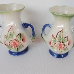 
2 Vintage Floral Vases Lusterware Ornate trophy Brazil Blush Mint Blue 5" Pair
