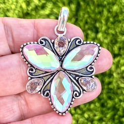 Unique Rainbow Fire & Peach Topaz Gemstone Silver 2.3” Pendant