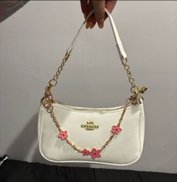 Coach White Mini Shoulder Bag with Floral Chain