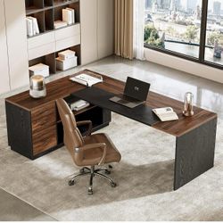 78.7 Inches Modern Executive Desk with File Cabinet, Extra Large L Shaped Home Office Desk with Drawers, Professional Spacious Workstation for Home Of