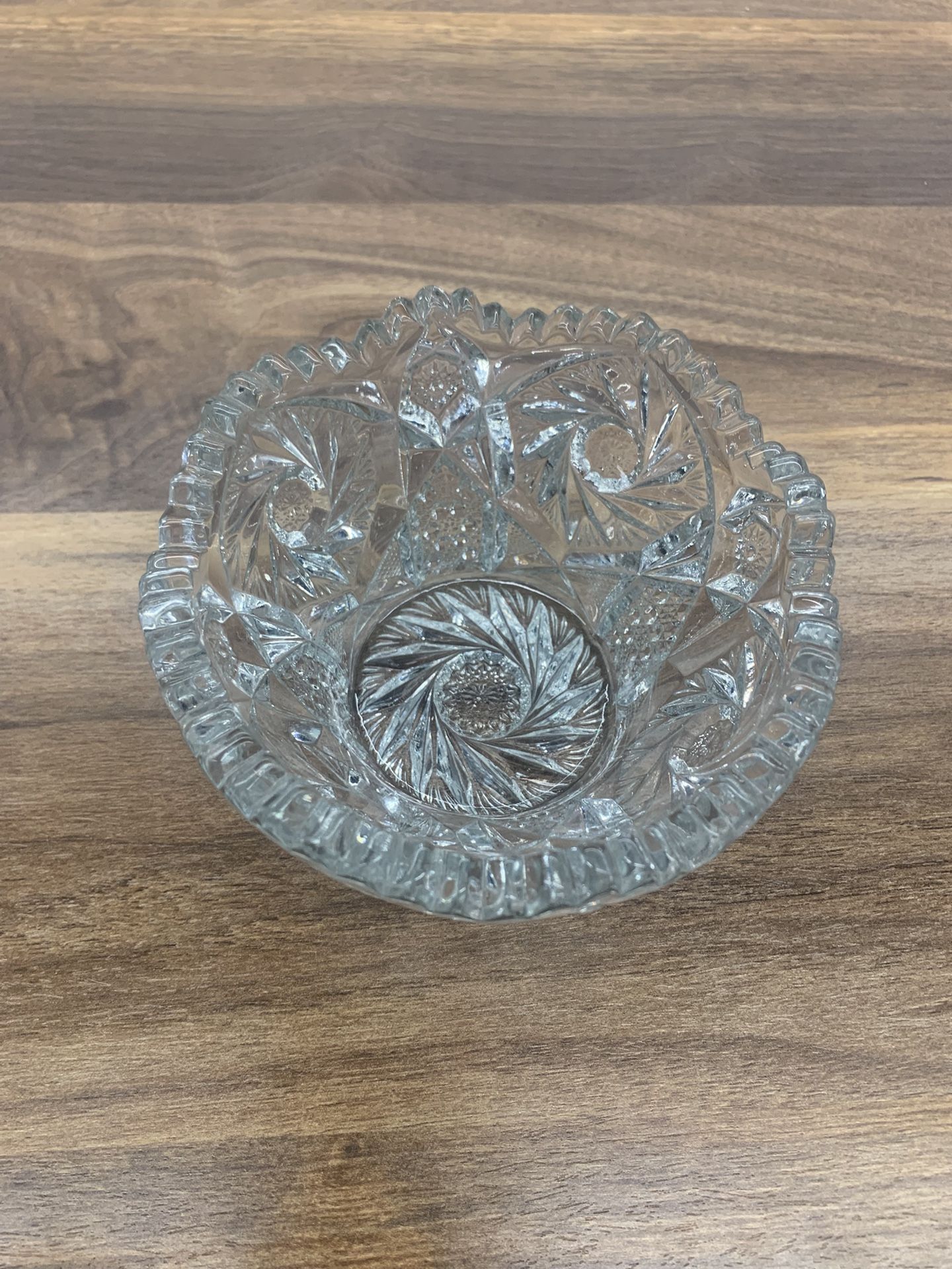Vintage clear, cut glass bowl Pinwheel Design With Saw Tooth Cut Edge