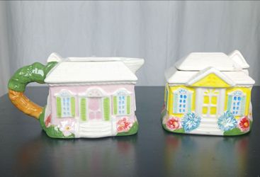 Vtg Porcelain Cottage Garden House Sugar and Creamer Set Pastel Floral Shabby