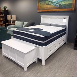 White Solid Wood Bed Frame With Storage Drawers - New Traditions 