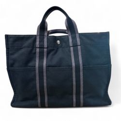Hermès Authentic Toile Fourre-Tout Navy Canvas Tote GM (Grand Modèle) Large Size 16x12x4