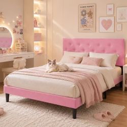201 Pink Full Size Upholstered Platform Bed Frame with Button Tufted Linen Headboard
