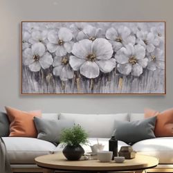 Flower Wall Decor White and Gray Floral With Golden Stamen Botanical Wall Art Framed Artwork for Walls Canvas Prints Painting for Living Room Bedroom