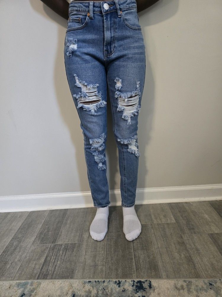 Womens Size 0 Almost Famous Skinny Stylish Distressed High-waisted Ripped Blue Jeans