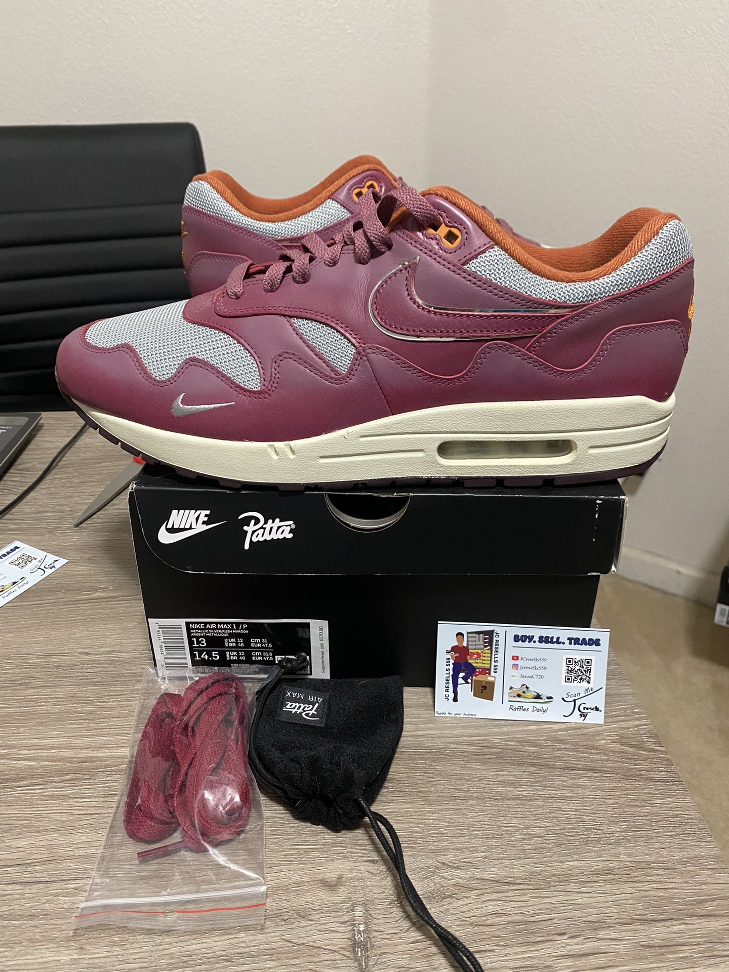 Size 13 - Nike Air Max 1 x Patta Waves RUSH MAROON 