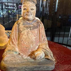 Vintage Chinese Laughing Buddha Temple Statues - Polychrome Pair + Matching Plaster Casts Set of 4