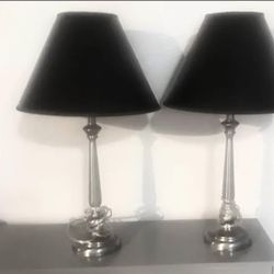 (2) Stainless Steel, Pewter ACCENT TABLE LAMPS w/ Black Shade, Height 26-Inches