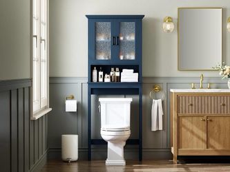 K516 $80  Over The Toilet Storage Cabinet, Over Toilet Storage Bathroom Cabinet with Glass Door and Adjustable Shelf, Above The Toilet Cabinet Behind 