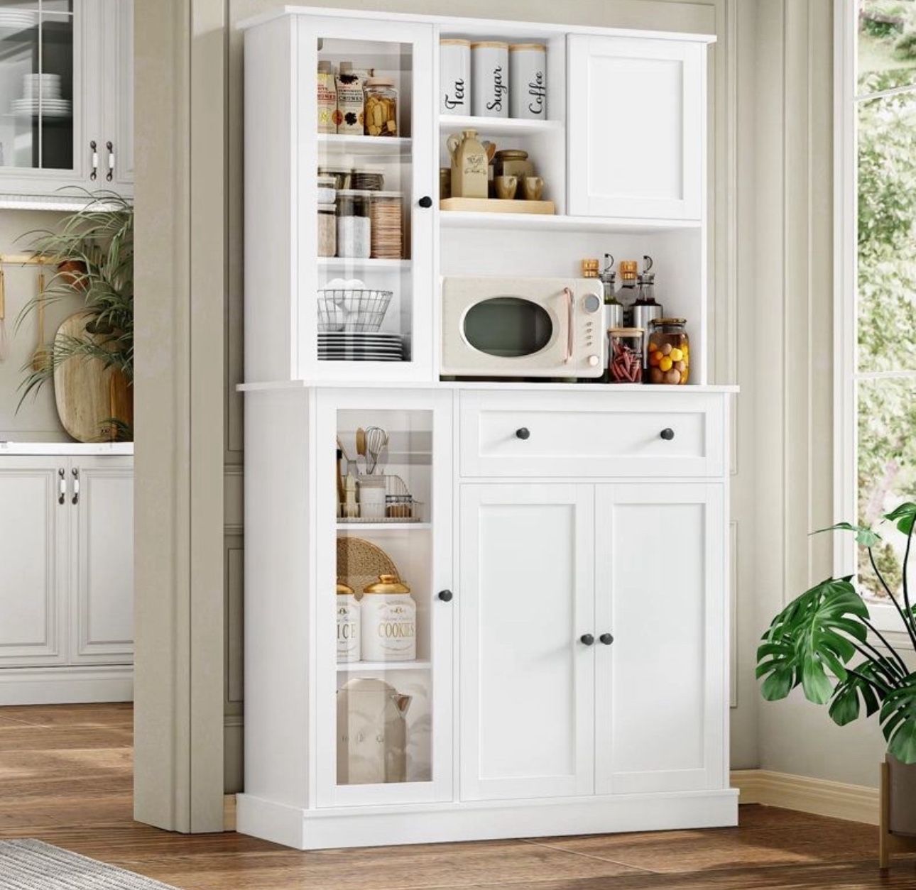 70.9" Kitchen Pantry Storage, Modern Hutch Cabinet with Sliding Door, Freestanding Cupboard for Living Dining Room, White