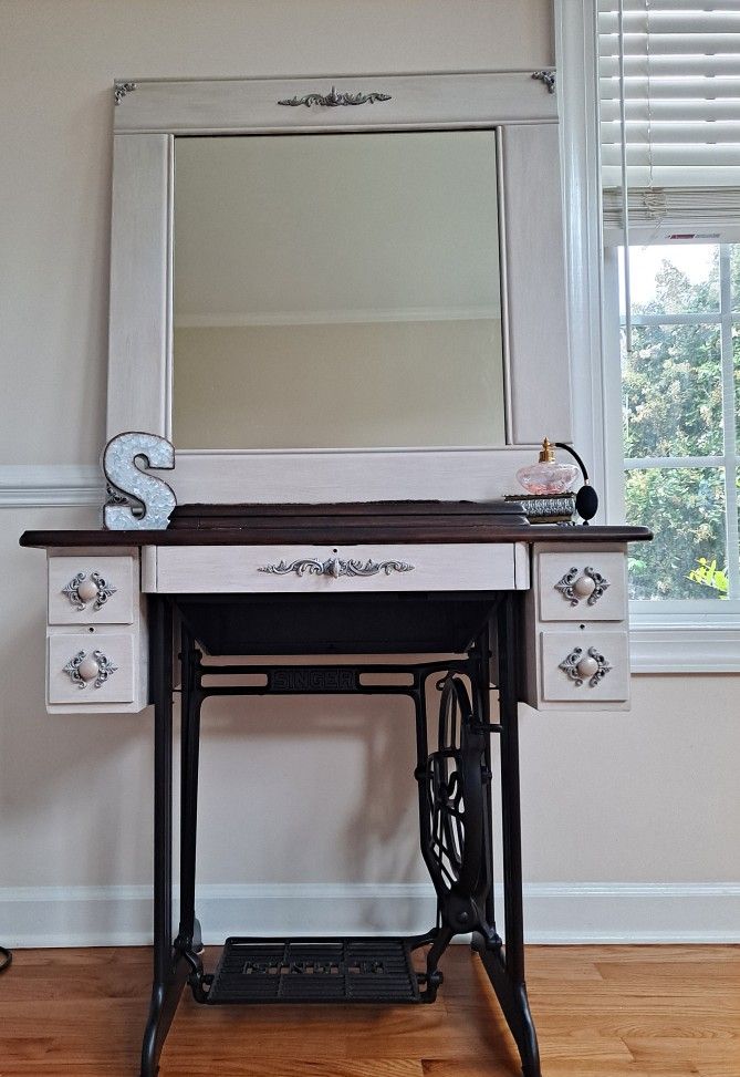 Stunning Antique Singer Sewing Machine Table Repurposed Into Make-up Vanity