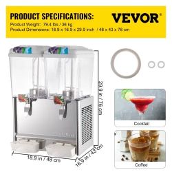 VEVOR 110V Commercial Beverage Dispenser,9.5 Gallon 36L 2 Tanks Juice Dispenser Commercial,18 Liter Per Tank 300W Stainless Steel Food Grade Material