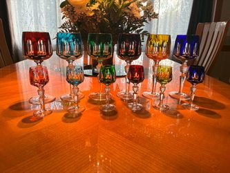 Antika Colored Cut Crystal Wine Glasses and Cordial Glasses by Nachtmann