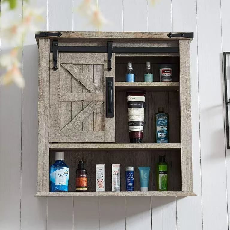 OKD Bathroom Wall Cabinet Barn Door Cupboard Storage Medicine Cabinet Shelf Light Rustic Oak