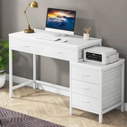 Computer Desk with 5 Drawers, Home Office Desks with Reversible Drawer Cabinet Printer Stand, Industrial PC Desk with Storage, Rustic Study Writing Ta