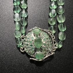 Double Strand Fluorite Bead Necklace With Emerald clasp, Set In Sterling Silver Mounting 