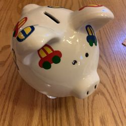 Vintage Kiddie Lites Hand-Painted Cars Ceramic Piggy Coin Bank 7” X 7”