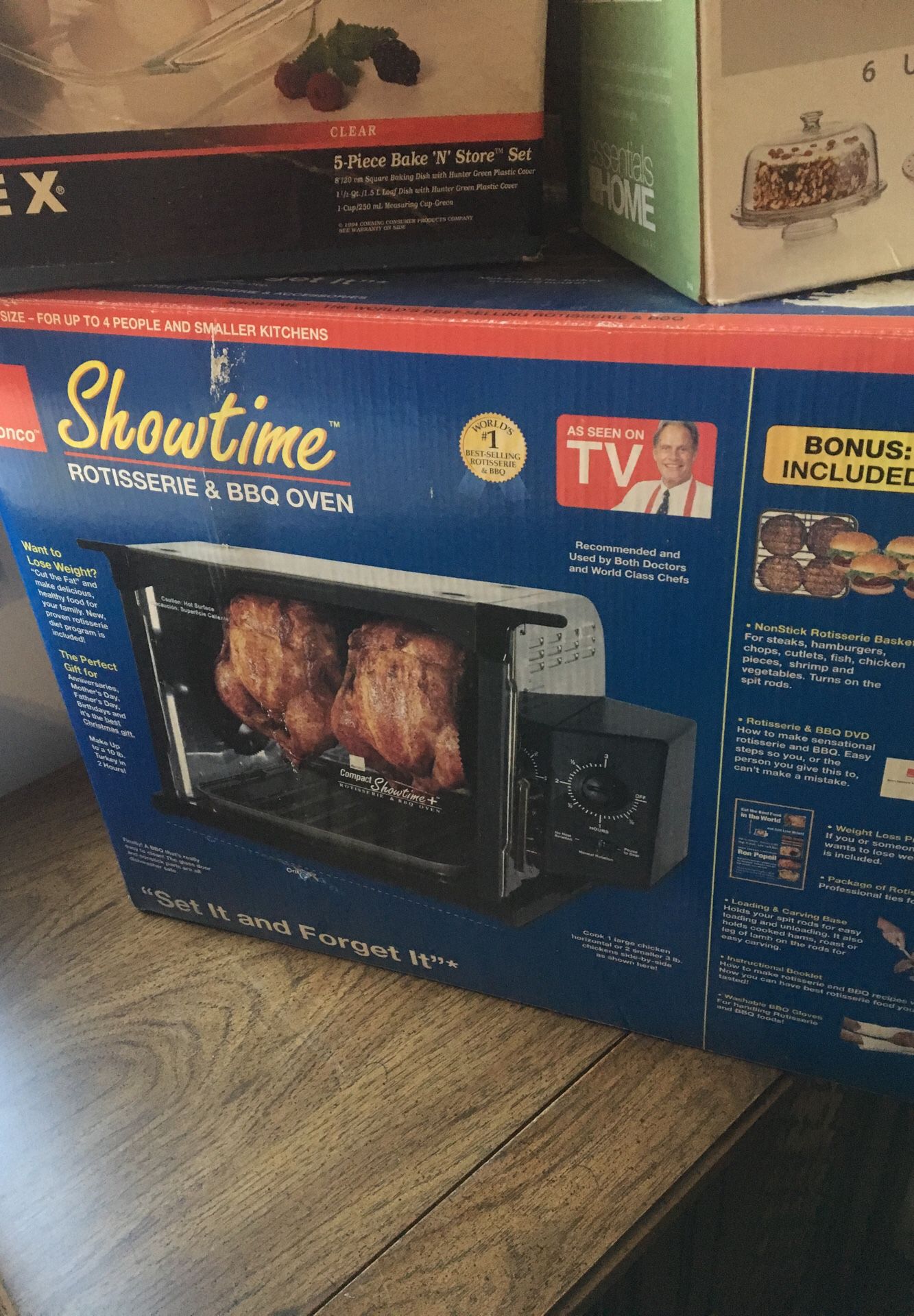 Rotisserie and. B. B. Q oven. Pyrex. And. Punch. Bowl. All new. In. Packing