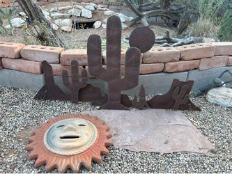 Yard Art: Saguaros with Coyote, Terra Cotta Sun