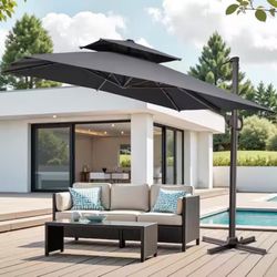 Double Top 10 ft. x 10 ft. Aluminum Heavy-Duty 360° Rotation Offset Cantilever Patio Umbrella in Dark Gray