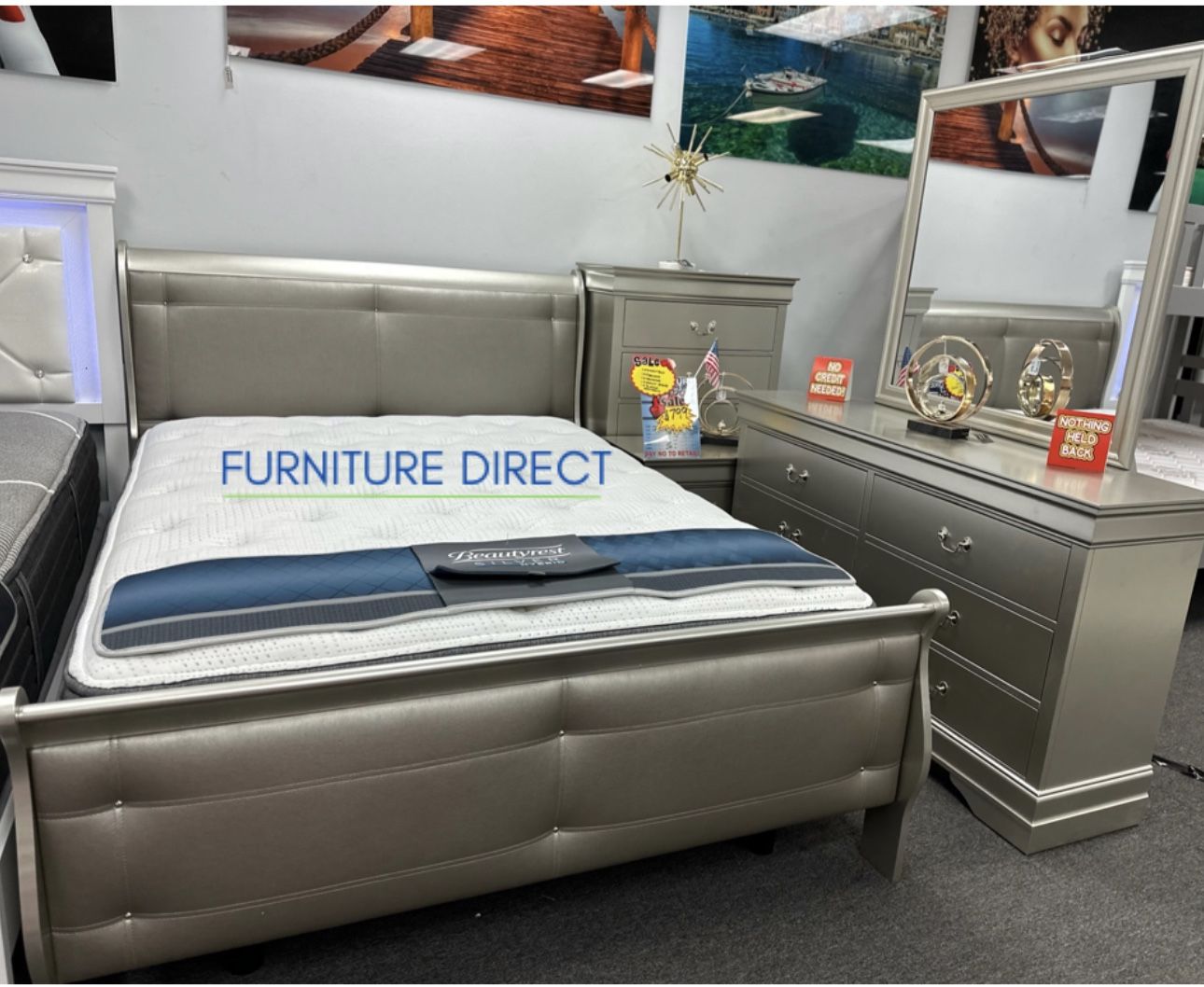 Silver 5 PC Bedroom Furniture Set NOW 65% Off W/ a Free Mattress & Nightstand