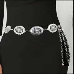 Long New Western Boho Floral Silver  Concho Chain Belt